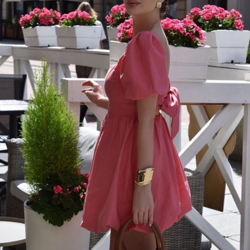 ZARA LINEN BLEND BOW MINI ORANGE-PINK Puff‎ Sleeve DRESS sz Large